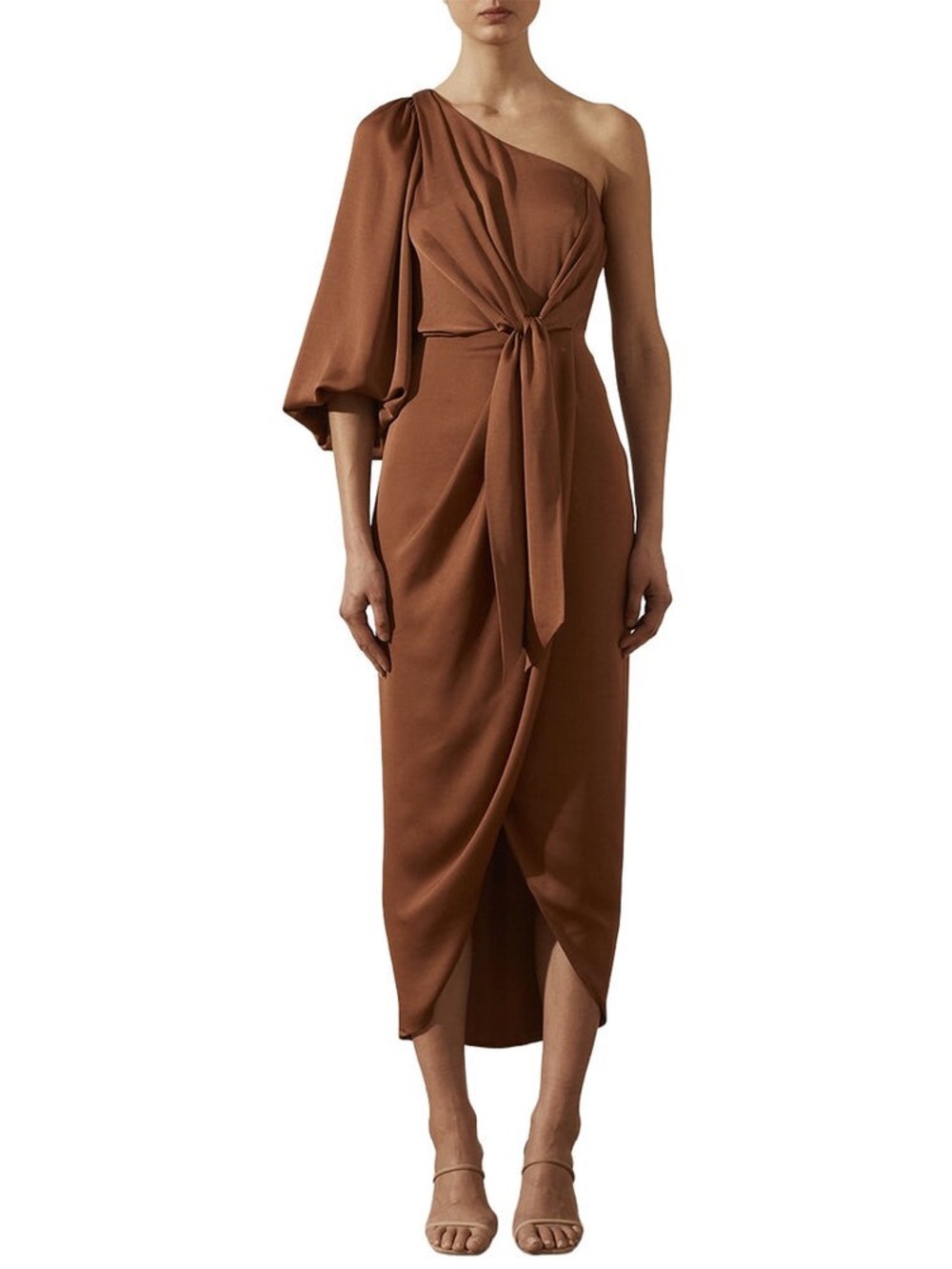 SHONA JOY LUXE TIE FRONT ONE SHOULDER DRESS - Brown/Orange